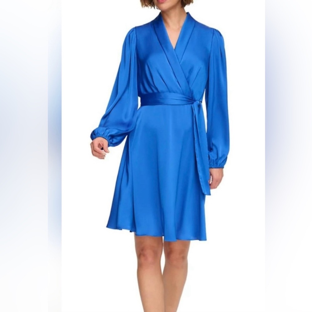 DKNY Faux Wrap Dress Shawl Collar Tie Waist Balloon Sleeves Royal Blue Size 4